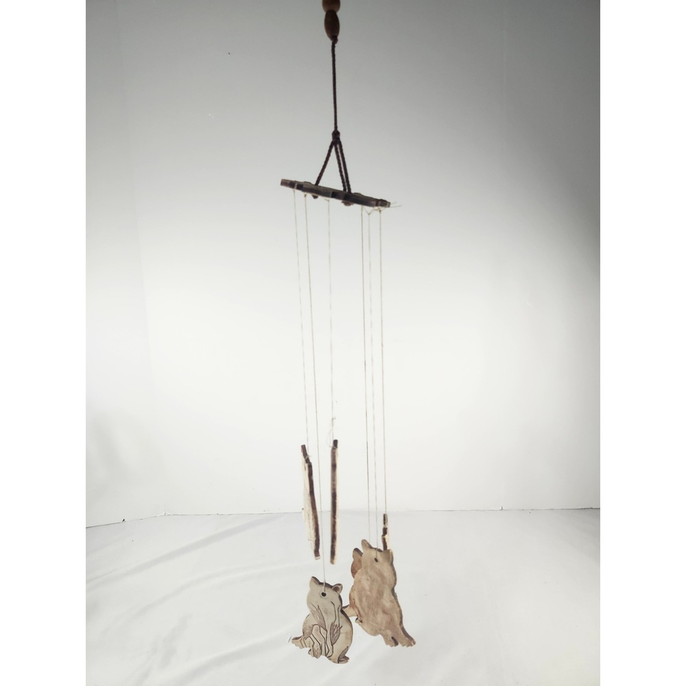 Vintage‎ Rustic Ceramic Cat Wind Chime Brown Cream Earthy Garden Decor 24 Inch